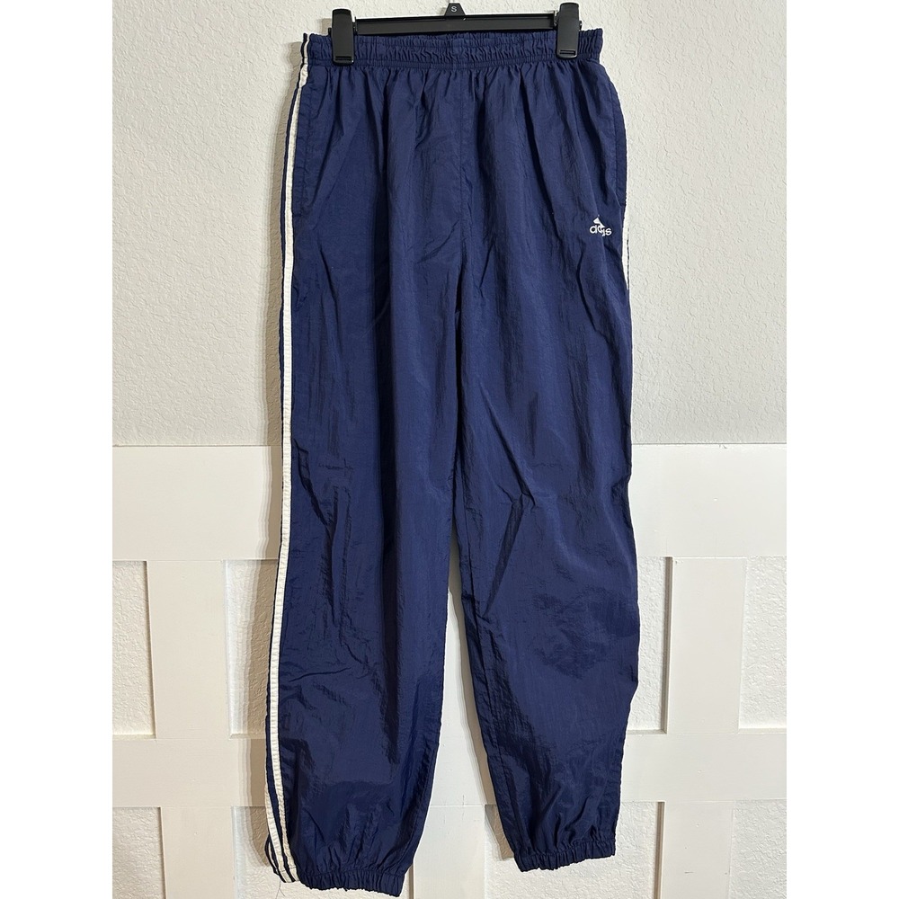 Vtg Y2K Adidas 3 Stripe Track Pants Mens M Baggy Fit Windbreaker Zip Ankle Navy